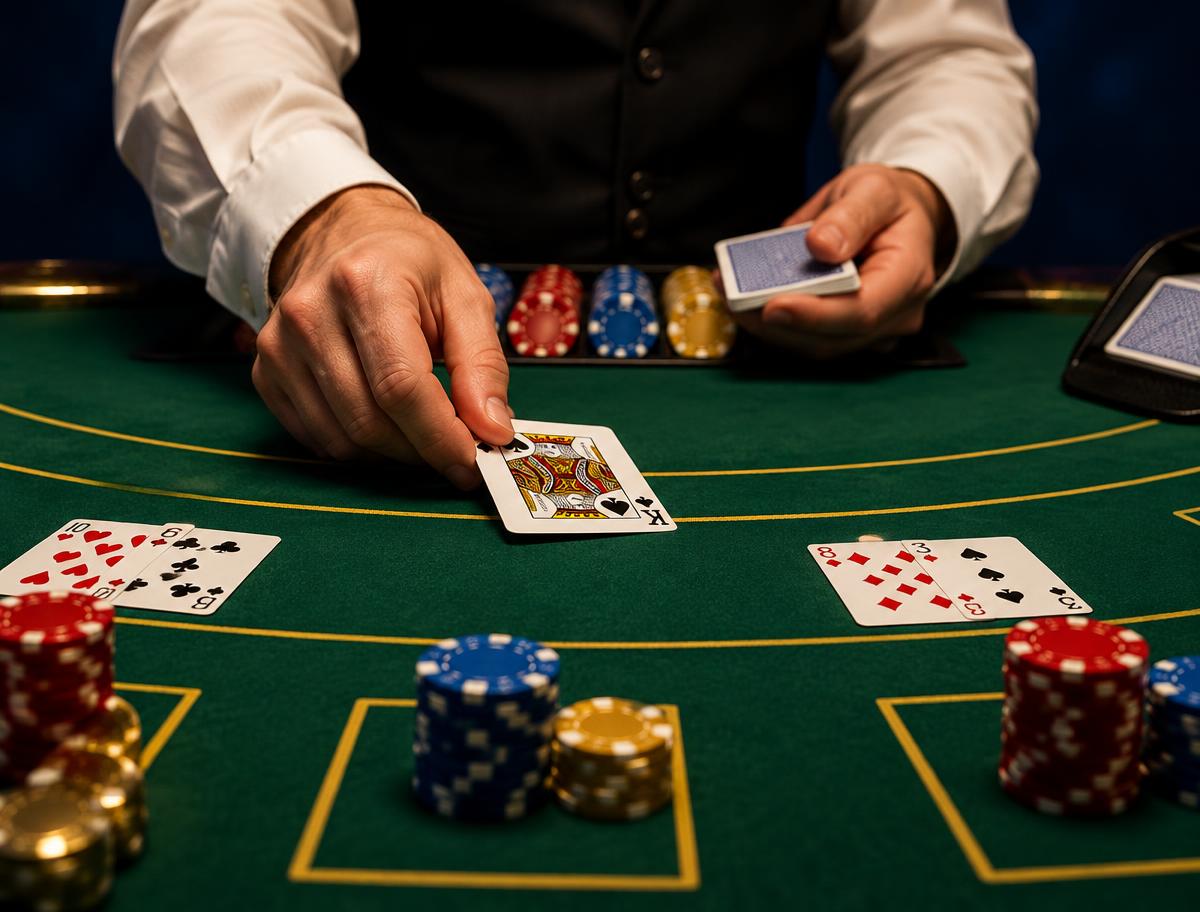 Dealer dealing cards at a blackjack table with green felt and chips