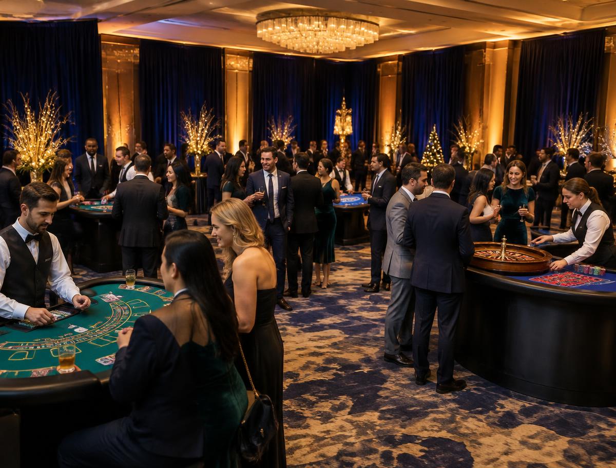 Colleagues mingling between casino tables at a corporate casino night in a ballroom