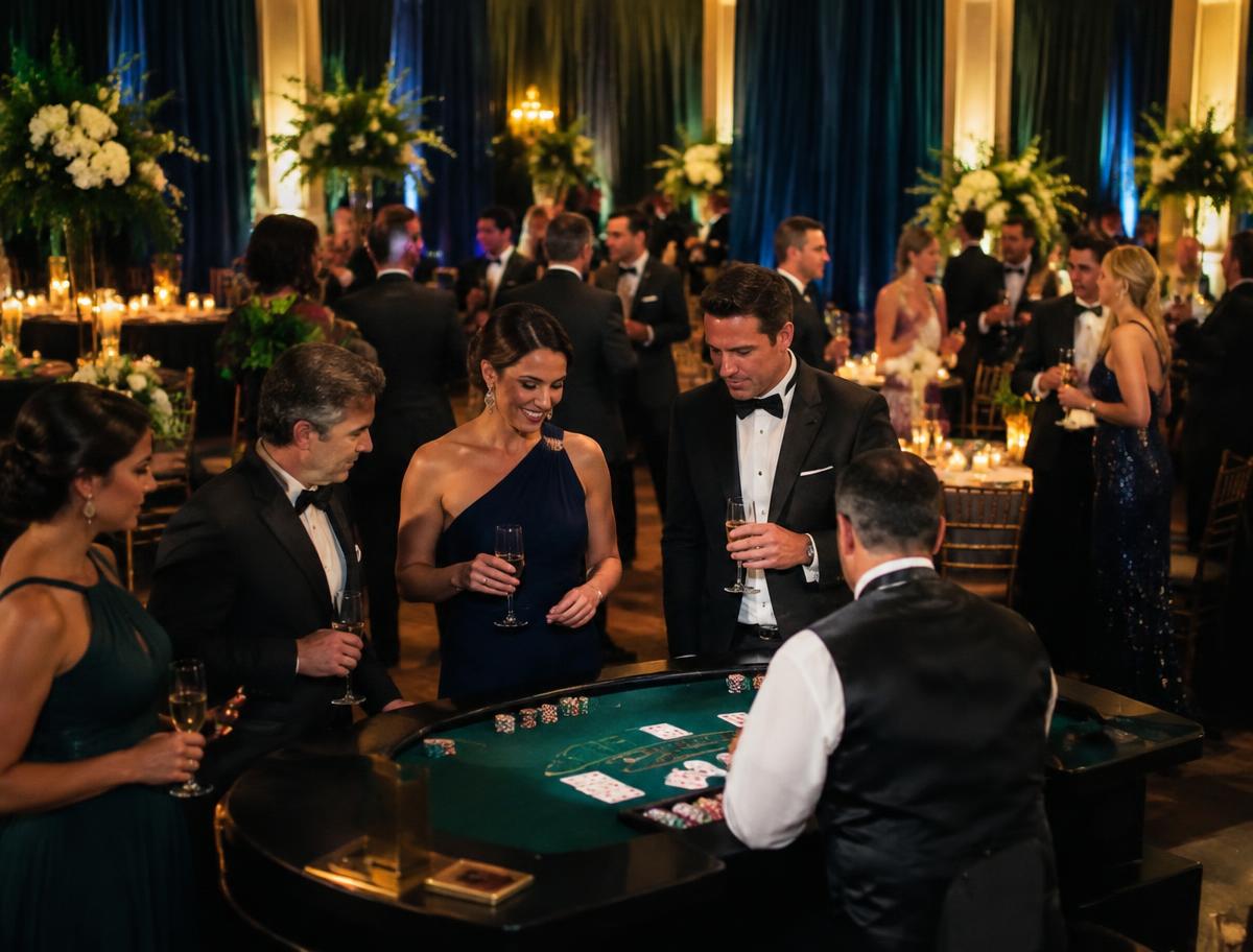 Guests in formal wear at a charity gala blackjack table