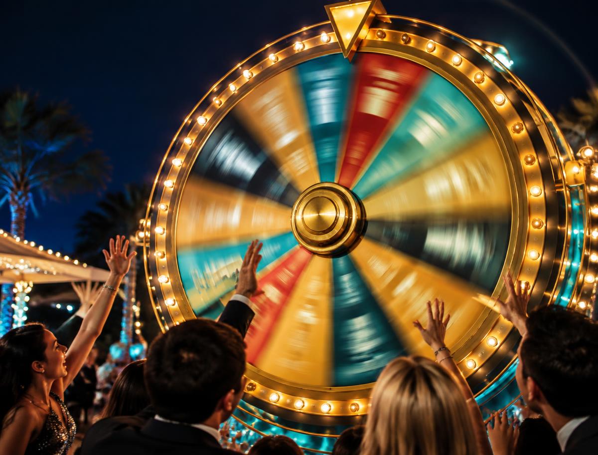 Guests cheering around a lit casino money wheel at night