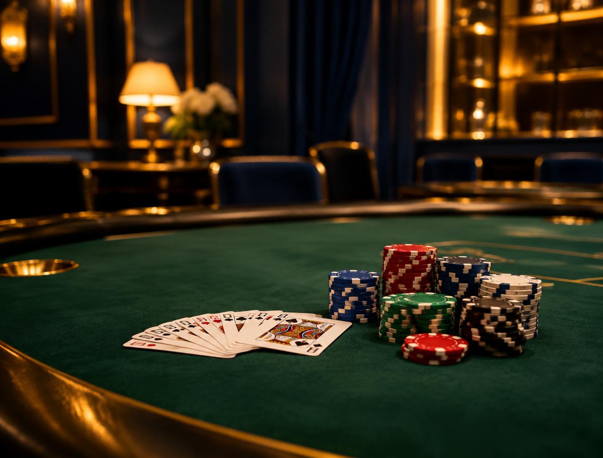 Poker table with a fanned hand of cards and stacks of chips
