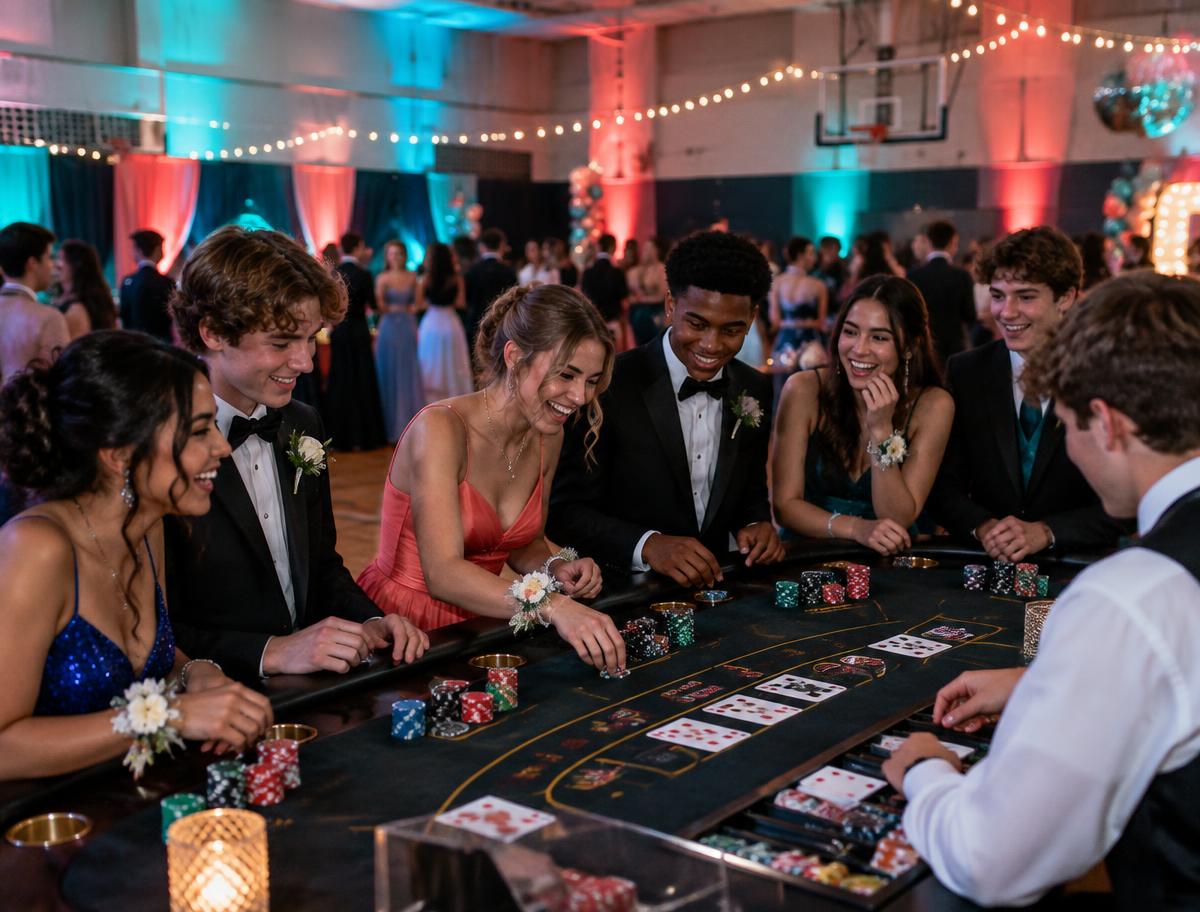 Students in formal wear laughing around a casino table at prom night