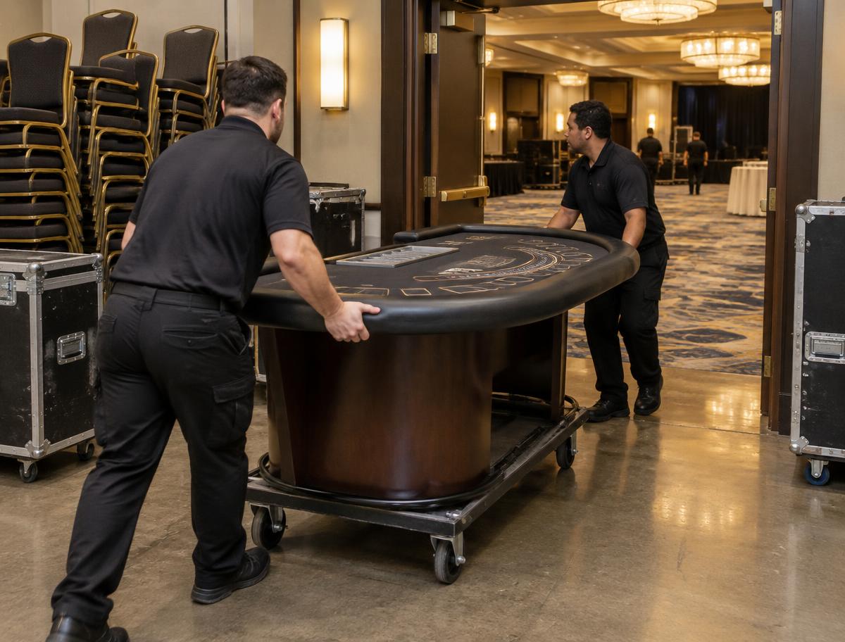 Crew rolling a casino table into a hotel ballroom for load-in